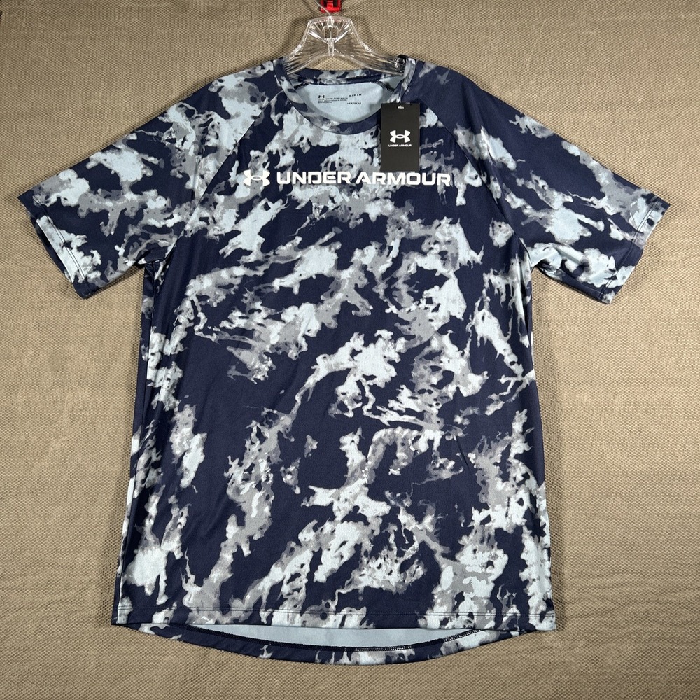 Under Armour Shirt Loose Mens Medium Blue Camo Short Sleeve Heat Gear